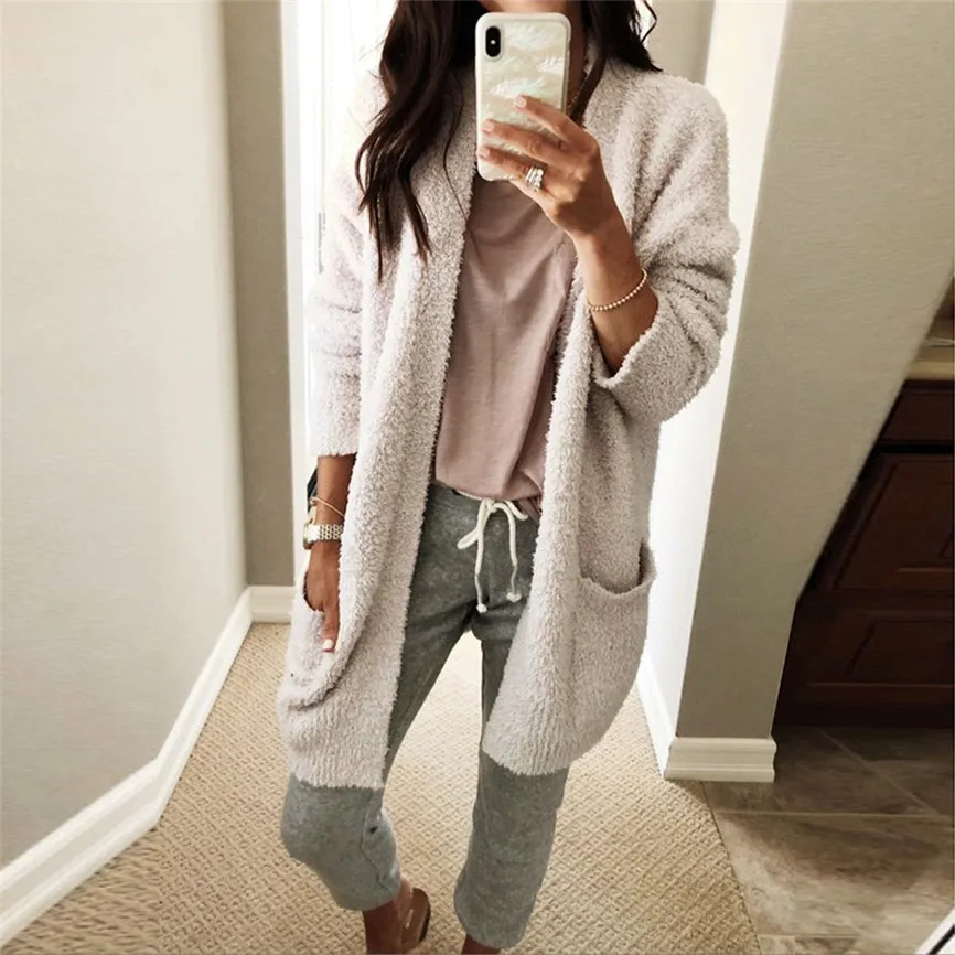 Зимний теплый шерстяной однотонный Свободный кардиган с большими карманами