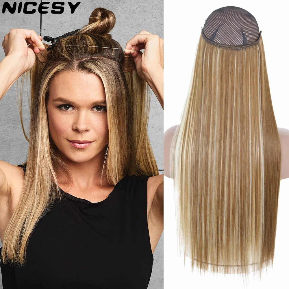 

NICESY 16/22Inch Invisible Wire No Clip Halo Hair Extension Long Straigh Ombre Synthetic Artificial Blonde Suitable For Women