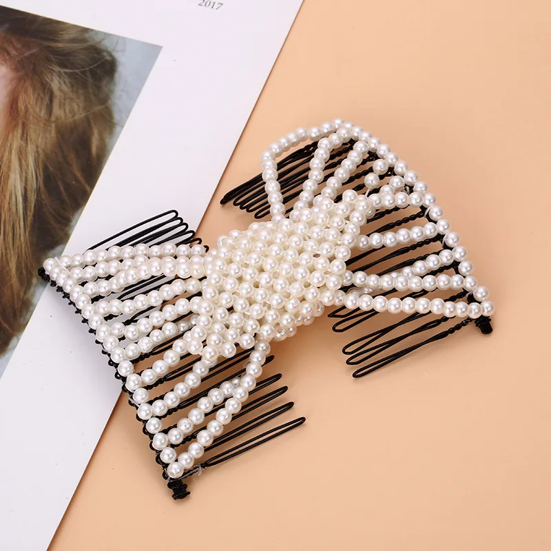 

Women DIY Hair Accessories Pearl Beaded Elastic Hair Claw Hairpin Magic Comb Up-Do Hairstyle Bun Maker Tool Ponytail Hairdo