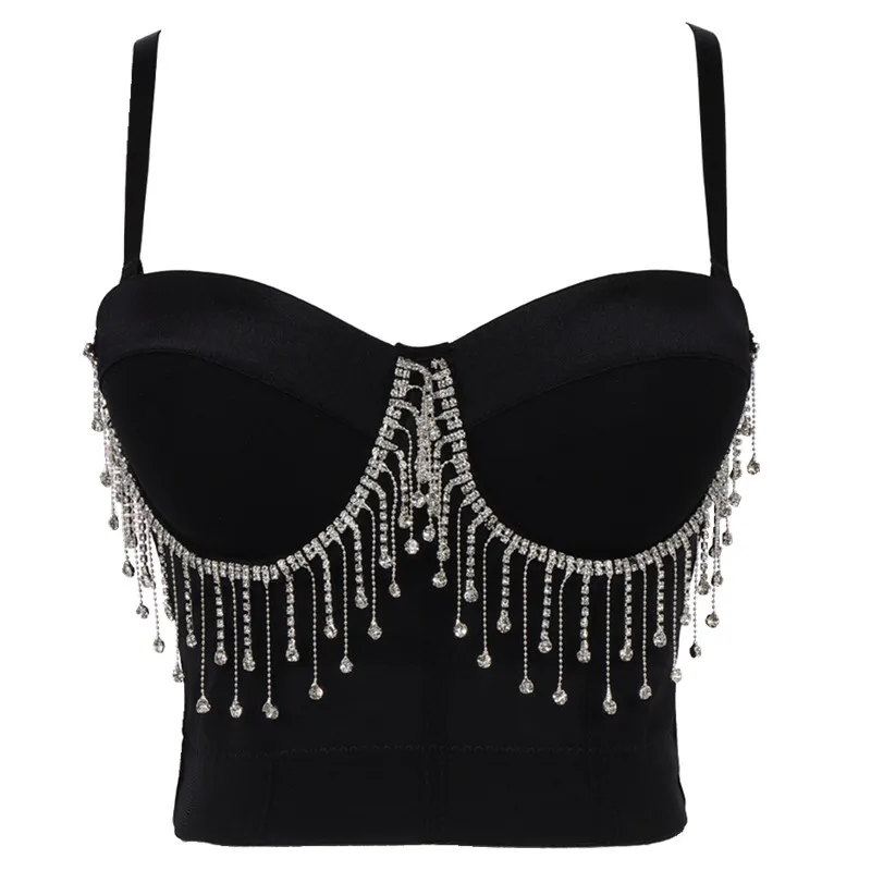 

Lady Rhinestones Tassel Chain Corset Crystals Stones Bustier Diamond Sling Short Tops Bar Club Party Camisole Stage Costume