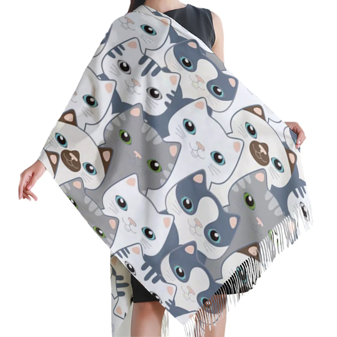 Зимний кашемировый шарф женский Мягкий Теплый кот котенок прекрасный синий