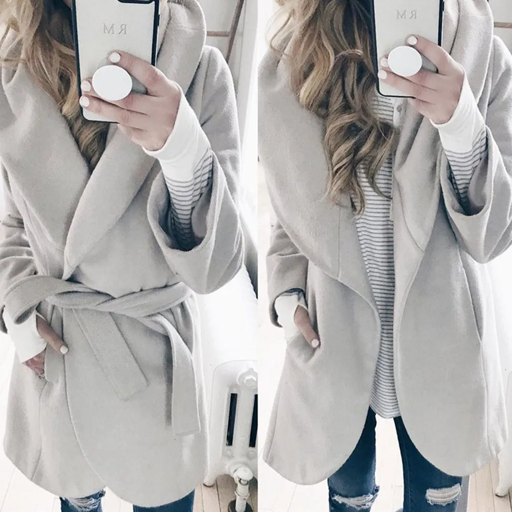 Женское зимнее шерстяное пальто с отворотом Свободный плащ на пуговицах верхняя