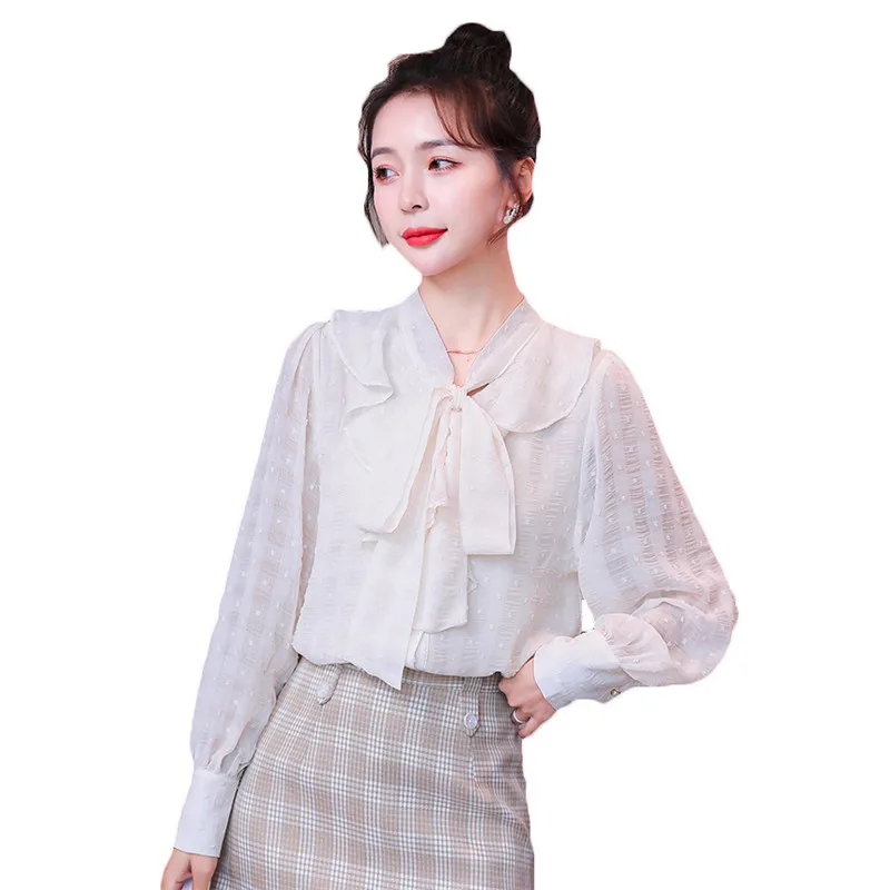 Женская шифоновая рубашка с длинным рукавом красная блузка бантом весна-лето 2021 |