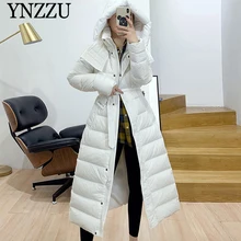 Белый женский длинный пуховик с капюшоном Зимний толстый теплый с поясом женский пуховик модное пальто с длинными рукавами черный YNZZU 9O021