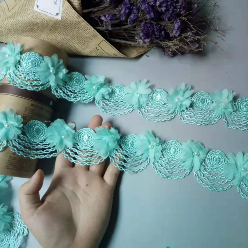 10X зеленый цветок жемчужный шифоновый вышитый кружевной отделкой лента