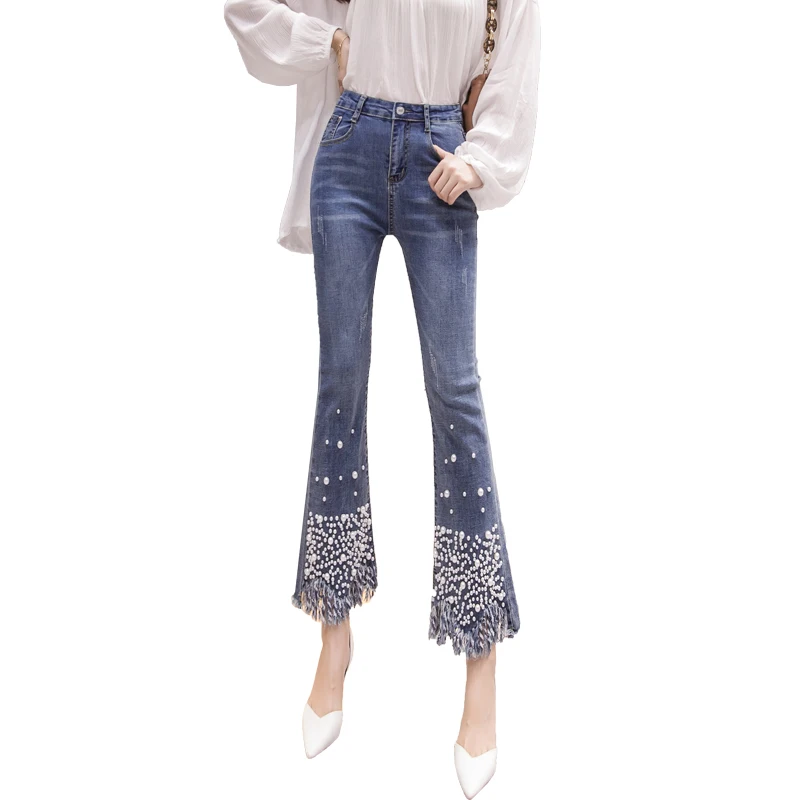 Джинсы женские эластичные с высокой талией и жемчугом|Джинсы клеш| |