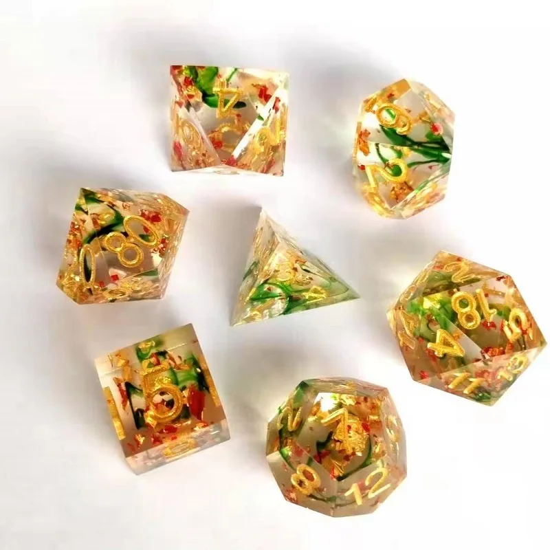 

New Dnd dice set 7Pcs/Set Upscale Resin Transparent Polyhedral Dice Flash dadi dados rol D4 D6 D8 D10 D12 D20 RPG Dice