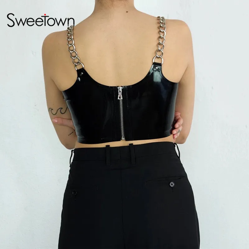 Женский укороченный топ из ПУ кожи с металлическим ремешком|Майки| |