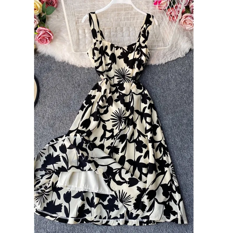 

2021 Summer New Arrival Floral Pattern Slim Dress Casual Sleeveless High Waist Dresses Female Sexy V-Neck Outdoor Boho Dresses