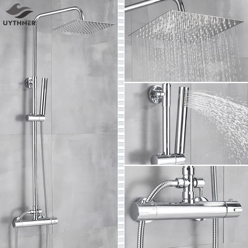 

Luxury Bathroom Thermostatic Shower Faucet 8-inch Rainfall Shower Head With Hand Shower Wall Mounted Thermostatic Mixer Valve