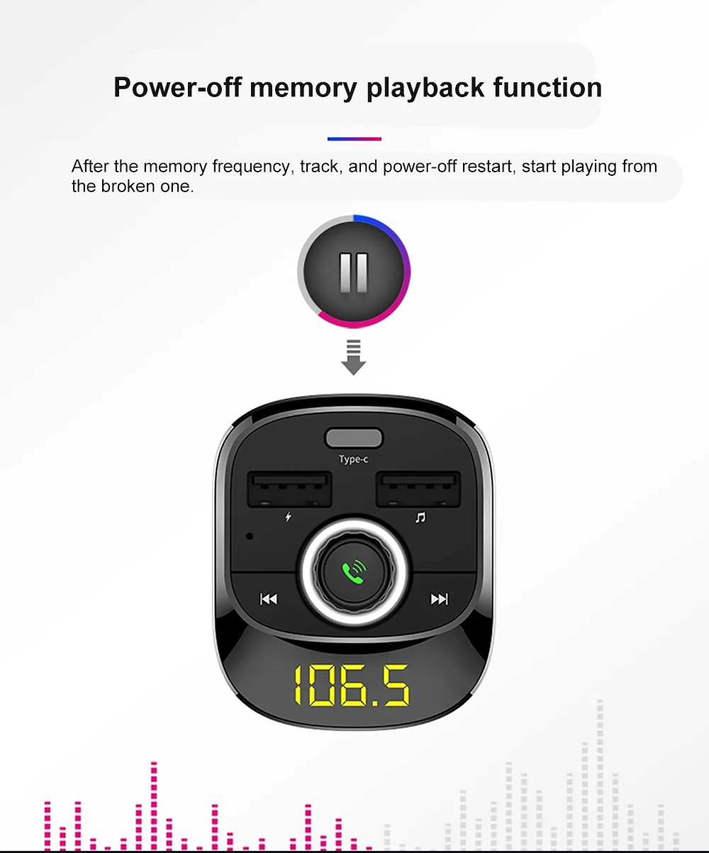 Автомобильный bluetooth-адаптер для громкой связи, автомобильный комплект, автомобильный телефон, динамик, беспроводной fm-передатчик, воспроизведение музыки, порт для зарядки type-C