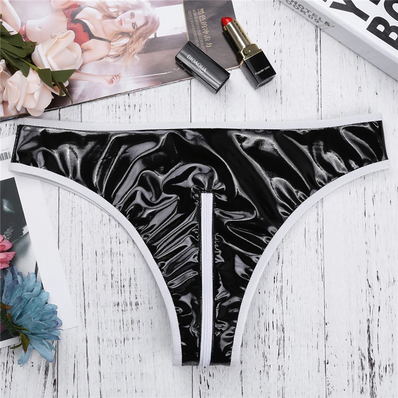 Женское нижнее белье сексуальные трусы мокрые лакированная кожа на молнии с