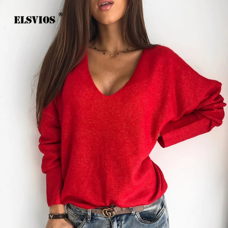ELSVIOS 3XL Sexy Hollow Out V-neck Knitted Sweater Women Autumn Long Sleeve Candy Basic Tops Loose Ladies Sweaters and Pullovers | Женская