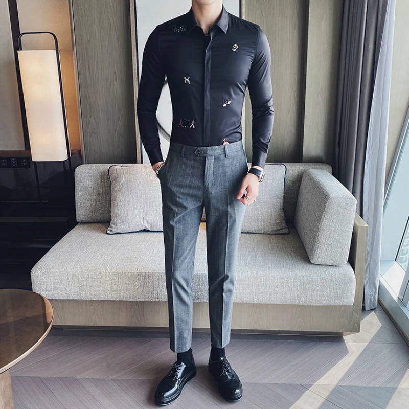 

High Quality Embroidered Shirt Casual Slim Fit Long Sleeve Dress Shirts Mens Formal Business Chemise Homme Camisa Masculina