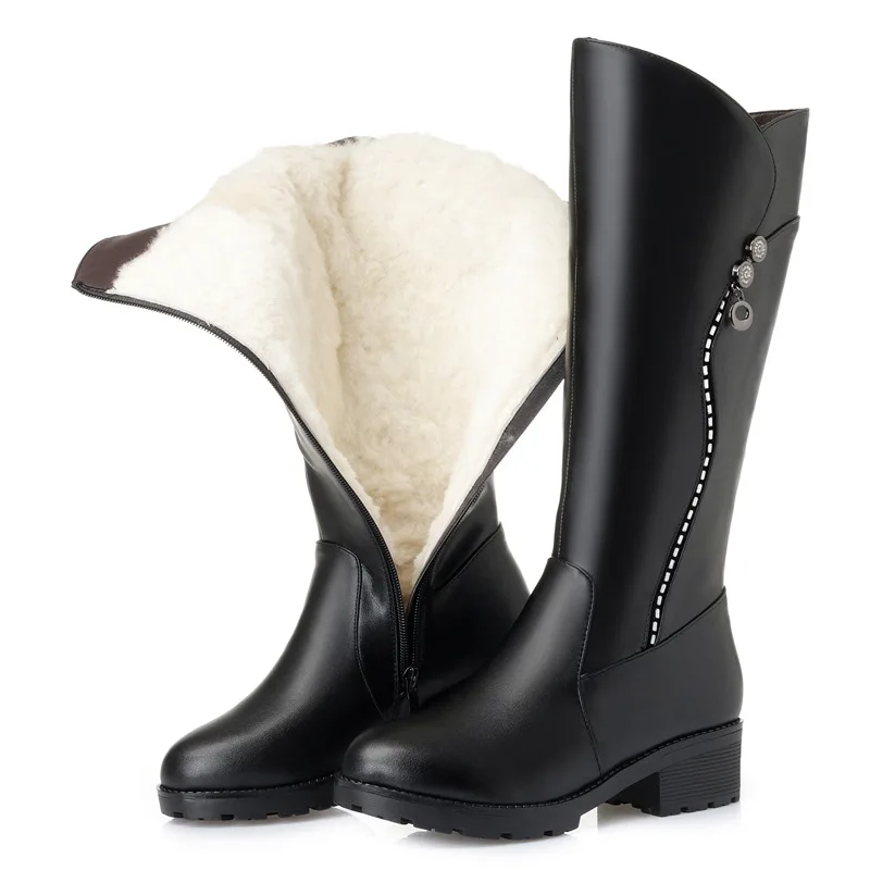

DM744 Women Boots Winter Genuine Leathe Wool Mid-Calf platform boots thick heel Martin boots plus size 43 Warm Woman Botas Mujer