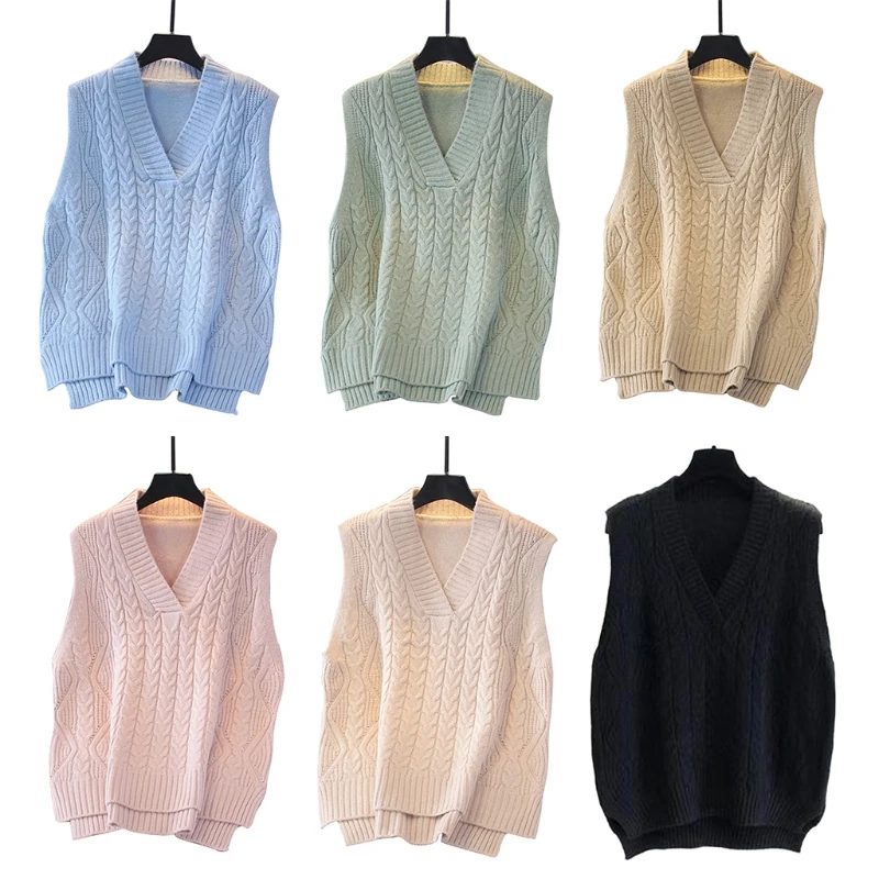 

2021 New Women Cable Knitted Loose Sleeveless Vest V-Neck Solid Color Sweater Tank Top