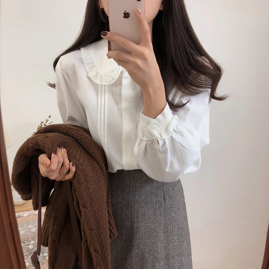 Белая рубашка кардиган винтажные Женские топы с длинным рукавом блузка для