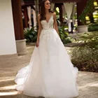 Женское свадебное платье с V-образным вырезом, кружевное платье до пола из тюля с цветочной 3D аппликацией, открытой спиной и шлейфом без рукавов, 2022