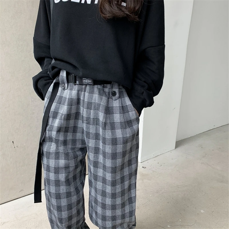 

Alien Kitty 2021 Fashionable Ankle-Length Pants Thick Plaid Woolen Pants Loose High Waist Women Simplicity Straight Leg Pants