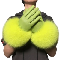 wholesale fox fur gloves winter female luxury style warm sheepskin genuine leather gloves driving thickening mitten