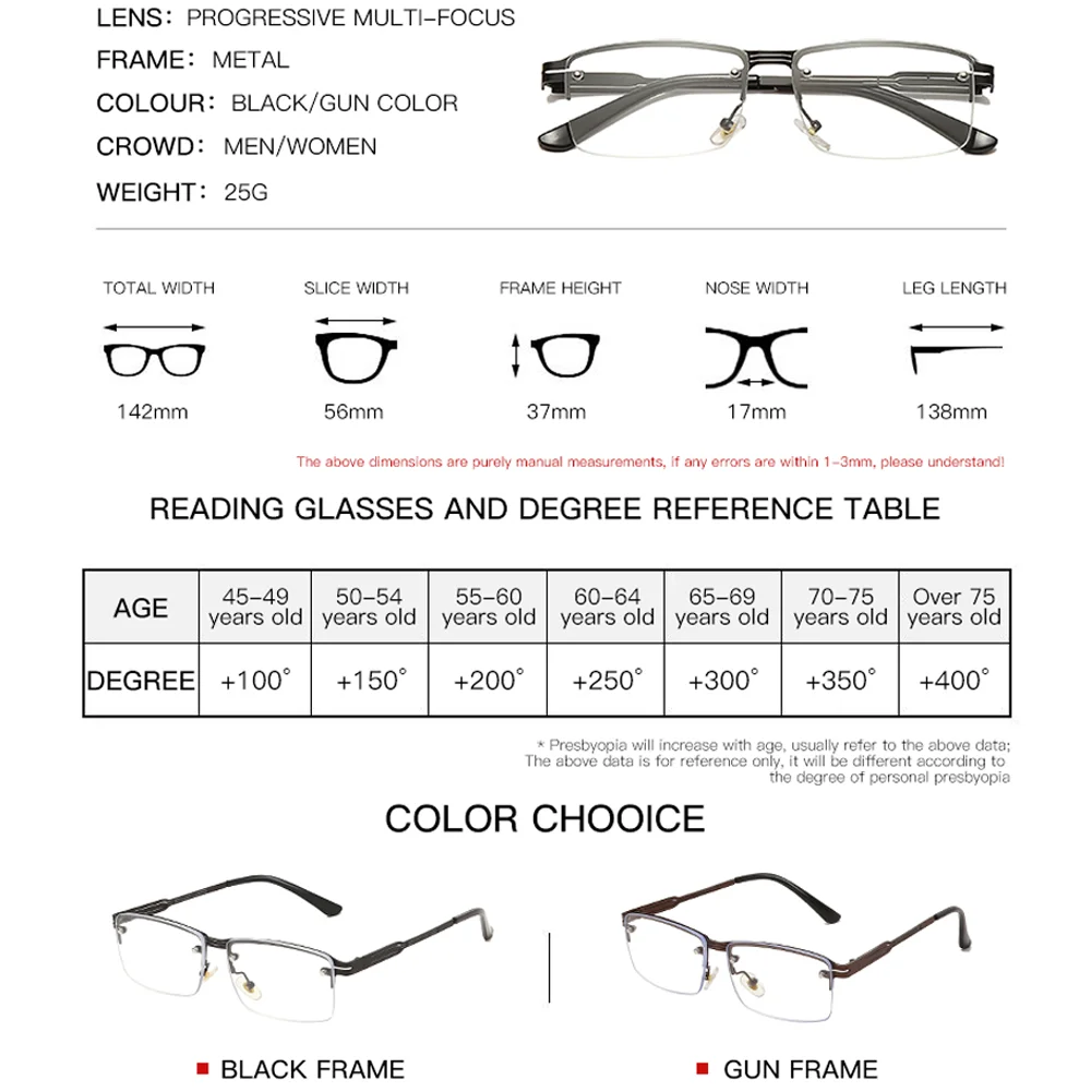 

Men Women Progressive Reading Glasses Multifocal Bifocal Magnifying Presbyopic Glasses Anti Blue Light Square Glasses Frame
