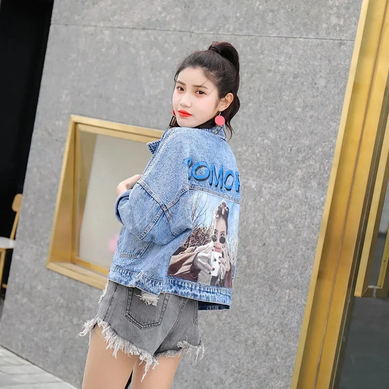 

2021 Spring/Autumn new hip-hop denim jacket women's short small jacket loose top womens jackets Cartoon Streetwear