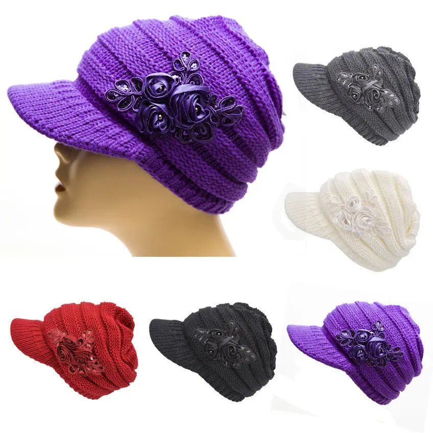 Женская зимняя вязаная шапка теплая для девушек с полосатыми цветами Теплая
