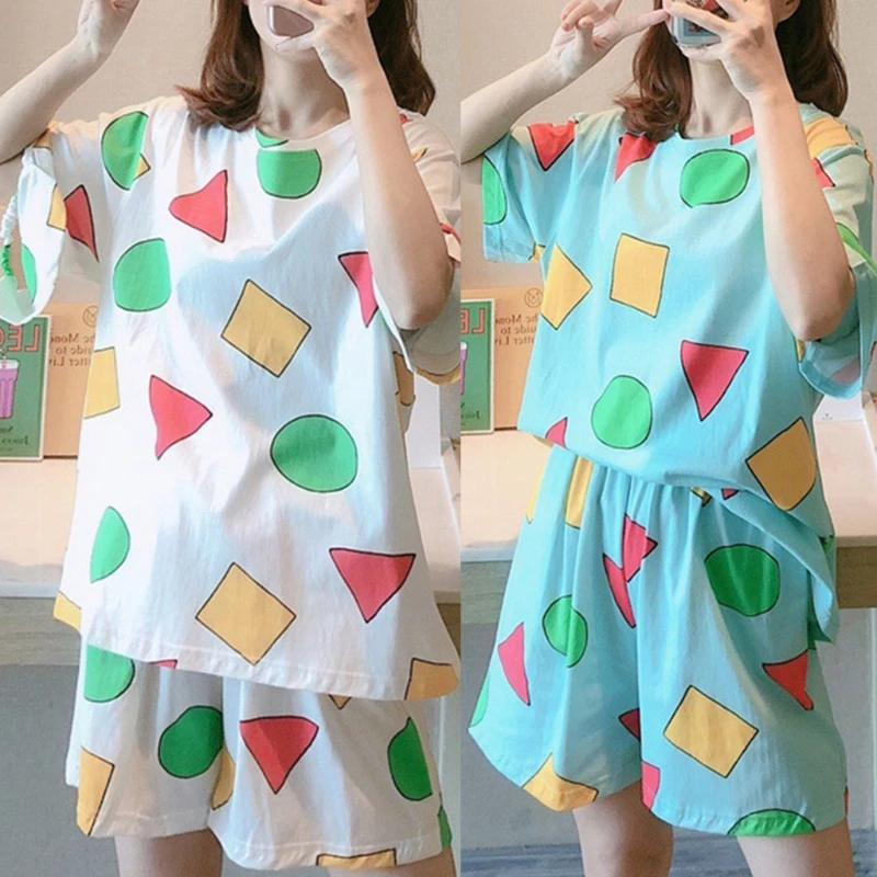 

Women 2Pcs Geometry Print Pajamas Set 2021 Female Summer Short Sleeve O-Neck Pullover Sleepwear Loose Home Loungewear Pajamas