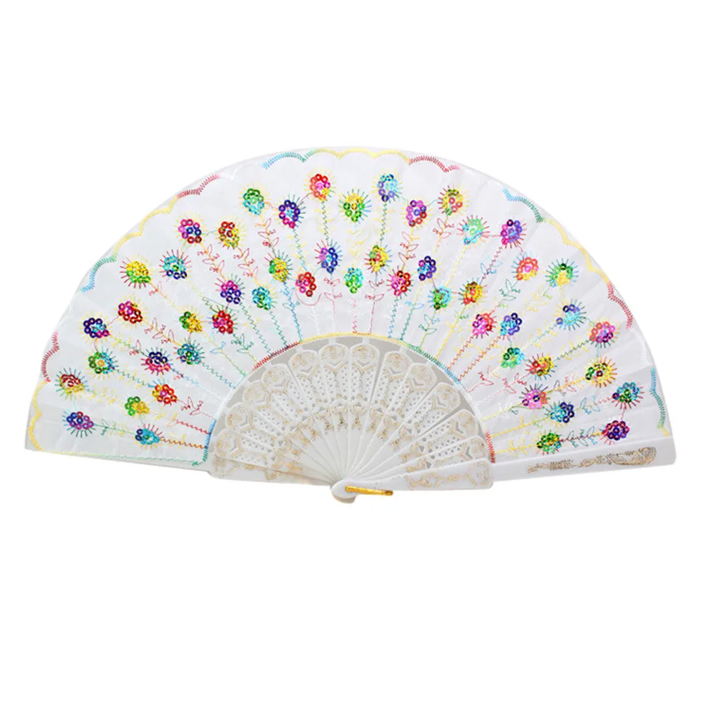 Bone color face sequin fan испанское кружево Шелковый складной ручной танцевальный веер цветочный узор для вечерние свадебные L0730