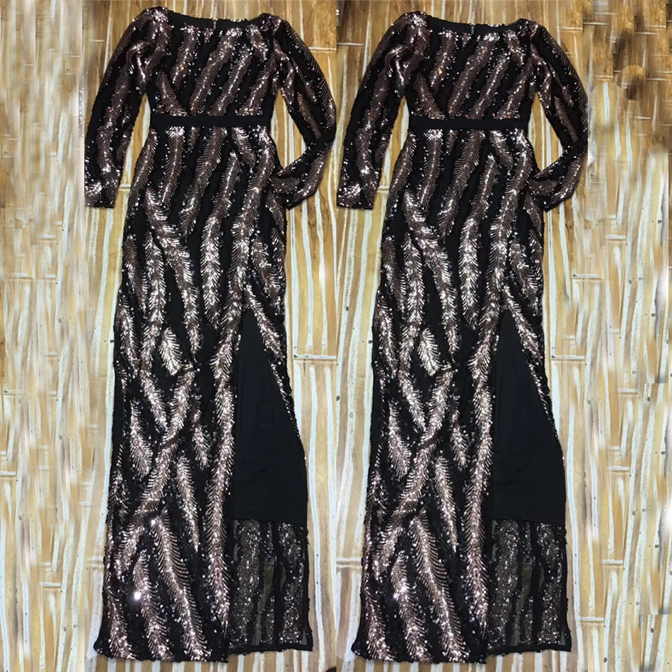 Женское вечернее платье с блестками длинное облегающее длинным рукавом и