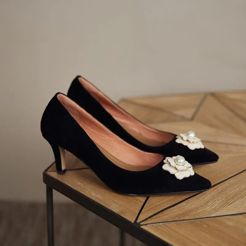 

ALLBITEFO flower design suede genuine leather women heels shoes Sheepskin insole fashion high heel shoes party wedding shoes