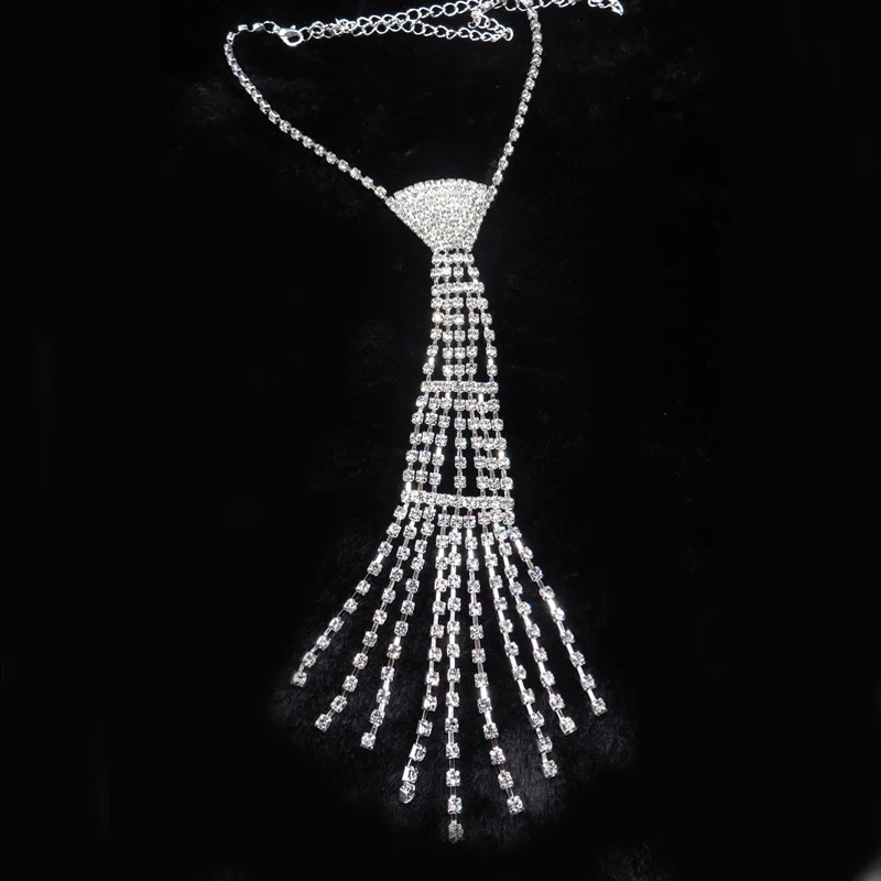 

Unisex Fashion Rhinestone Tie With Tissel Trendy Shinning Neckwear Fashion Party Accessory Diamond Design Necktie