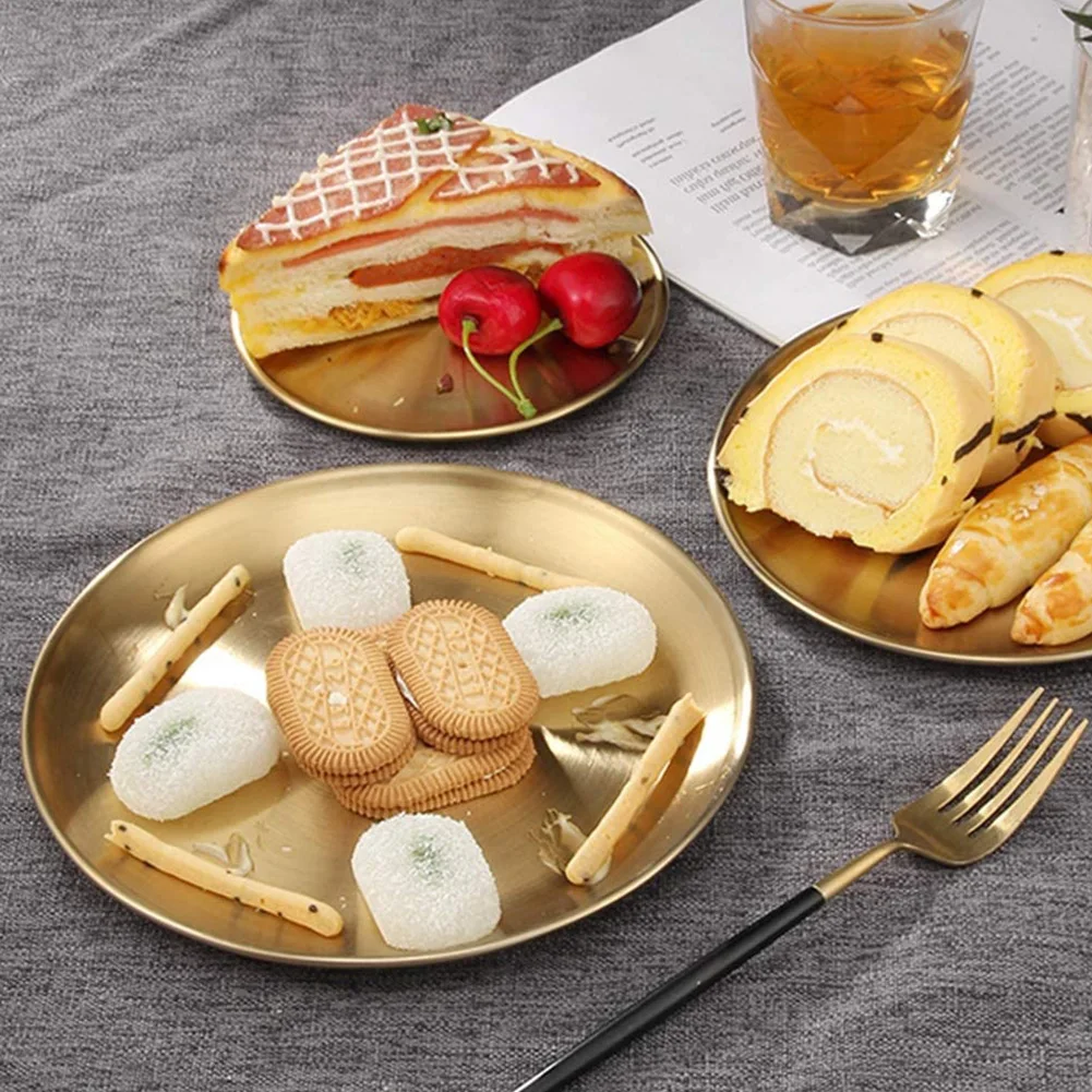 

Stainless Steel Dining Plate Golden Dishes Round Tray Cake Western Steak Makeup Tray European Style Tablewares Kitchen Tools