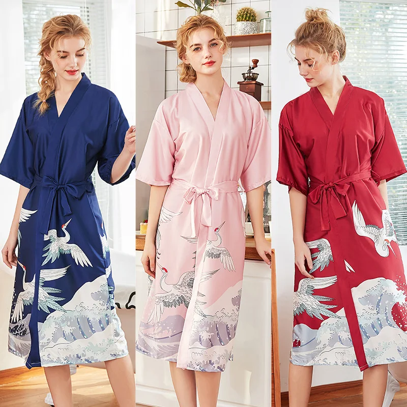 

Women Silk Sexy Kimono Satin Bathrobe Bridesmaid Crane Pink Bath Robe Pink Plus Size Bride Dressing Gown for Wedding Sleepwear