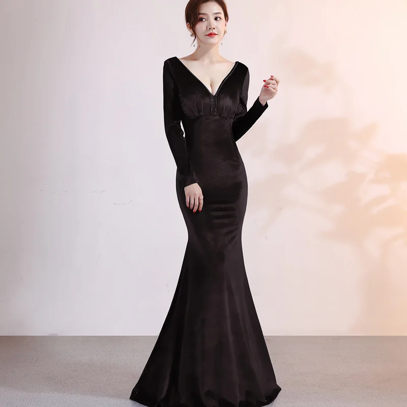 Осенне-зимние женские сексуальные бархатные вечерние платья с глубоким