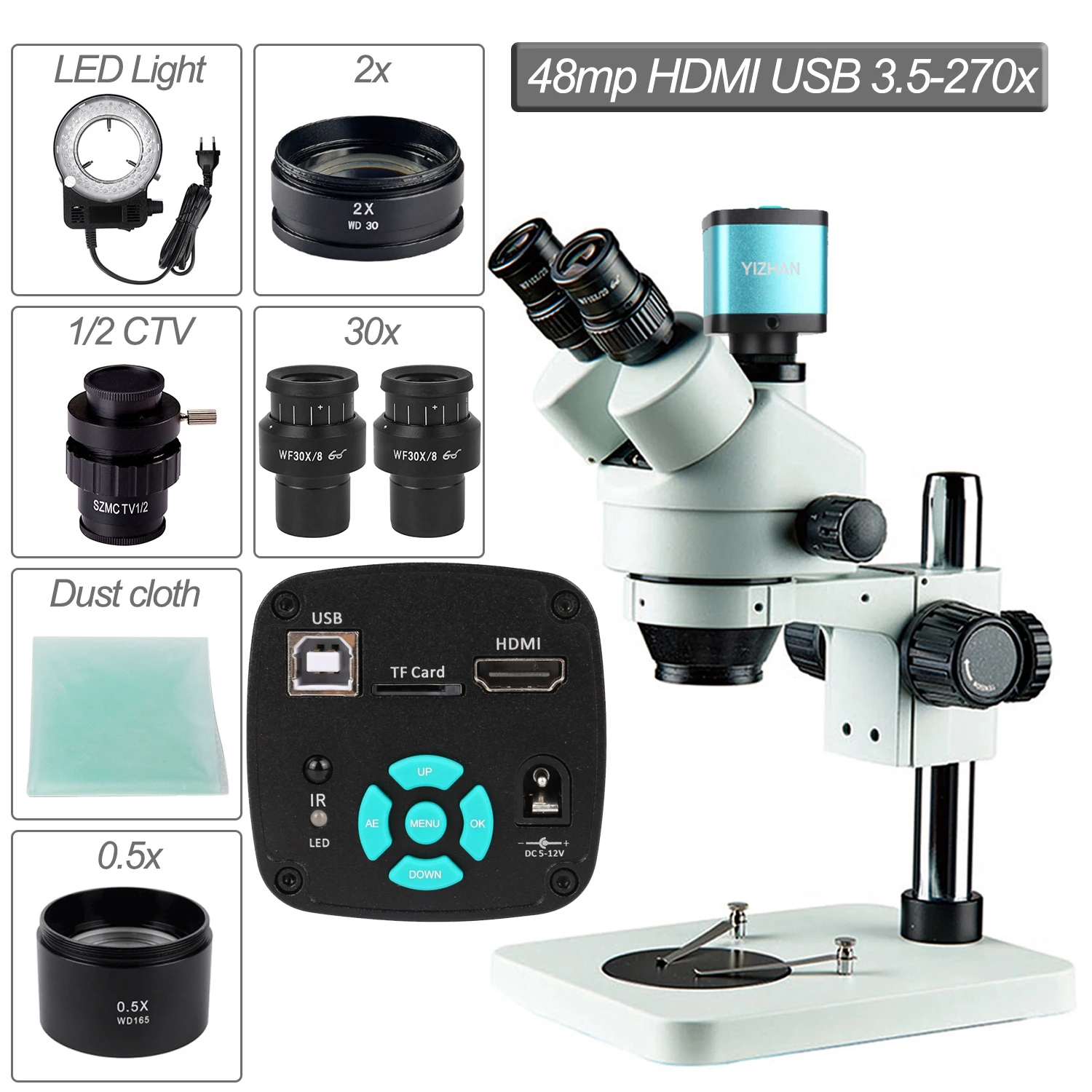 

3.5X-270X 7X-45X 48MP USB Simul-Focal Trinocular Microscope Zoom Stereo Microscope Camera Set 0.5x 2.0x Auxiliary Objective Lens