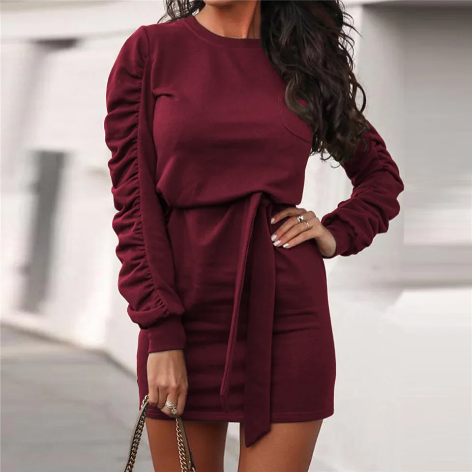 

Women Mini Dress Fashion Casual Loose Shrinkage Design Belt Decor O-Neck Long Sleeve Mid Waist Solid Color Pullovers Dress