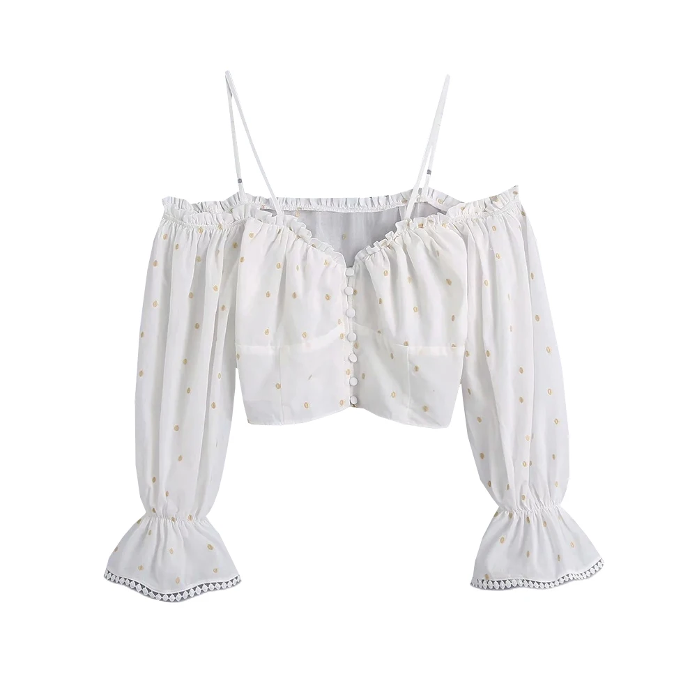 

Za New Women Sweet V Neck Embroidery Pleats Ruffles Sling Smock Blouse Female Off Shoulder Short Shirt Chic Crop Tops