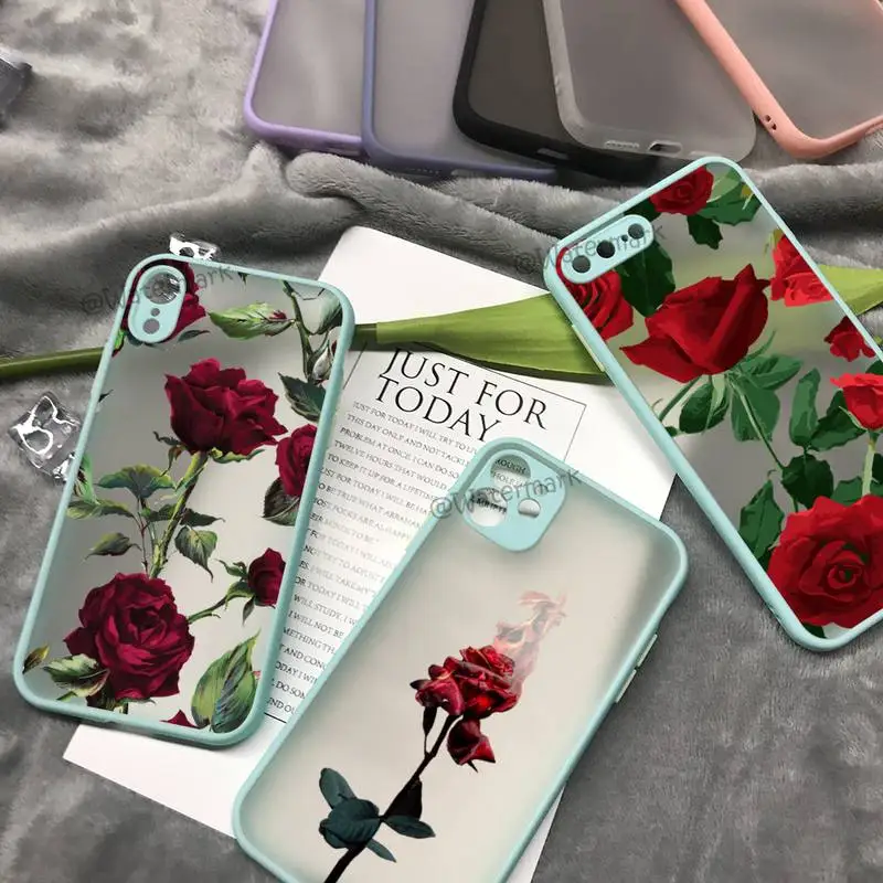 

Red Rose Flower Phone Case For IPhone 8 7 Plus X Xr Xs 12 11 Pro Max Sky Blue Matte Translucent Cover