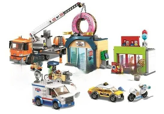 

City Donut Shop Store Opening Taxi Truck Car Crane Building Blocks Kit Bricks Classic Model Kids Toys For Children Gift