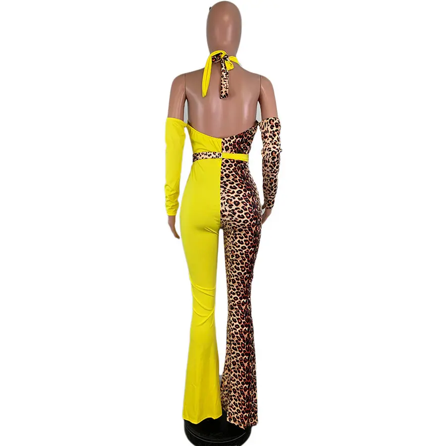 

Women Jumpsuit Halter Sashes Leopard Print Bandage Bodycon Sexy Night Club Romper Party Playsuit outfits A8192
