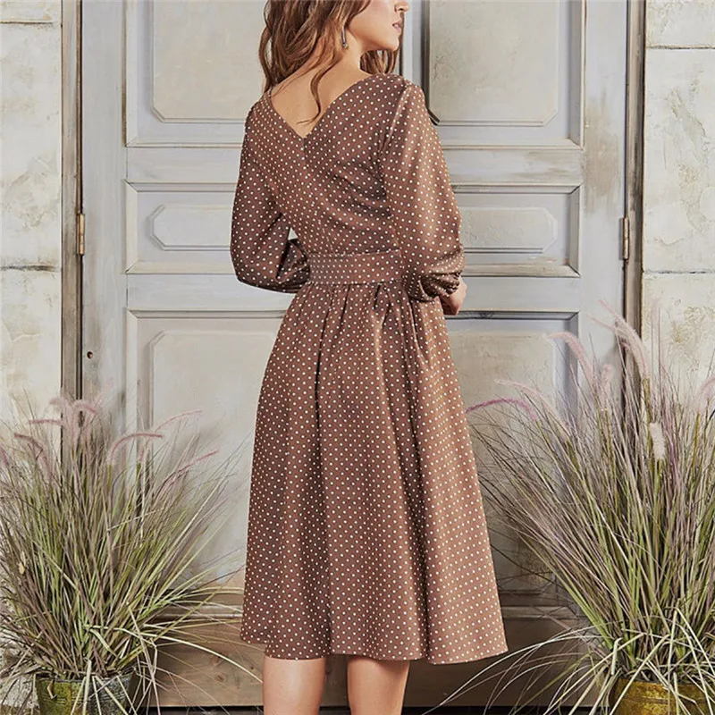 

Spring Casual Elegant Women Dot Midi Dresse Plus Size 2020 Fashion O-neck Sashes Slim Dress