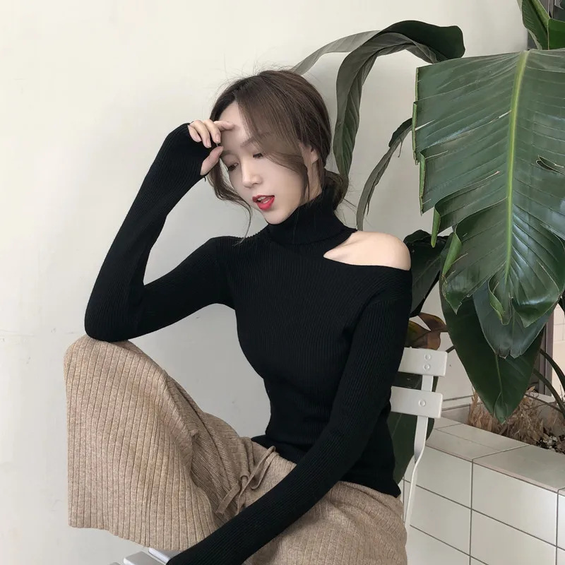 

Autumn Winter Basic Women Turtleneck Pullovers New Chic Slim Elastics Off Shoulder Sexy Sueter Mujer Korean Long Sleeve Sweater