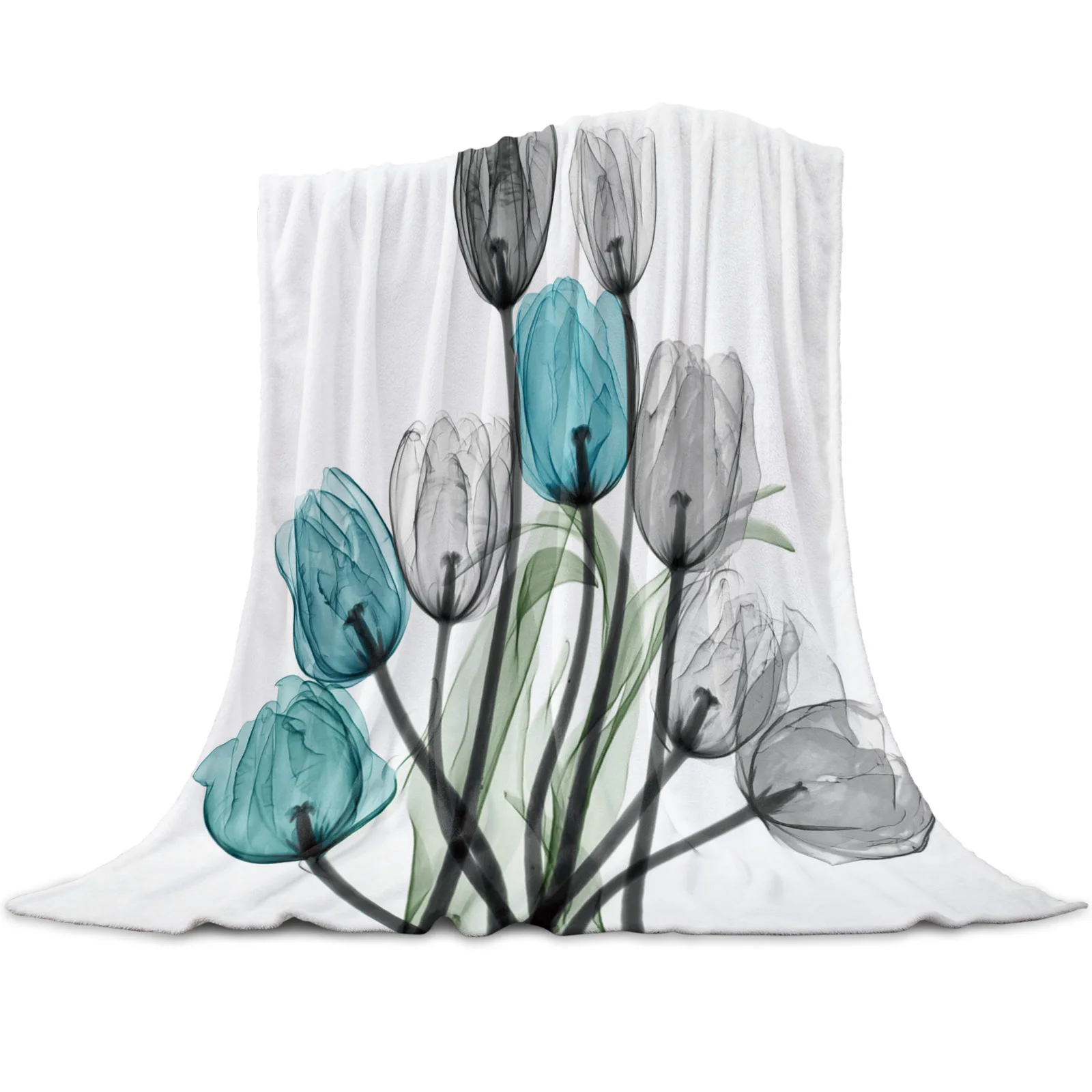 

Turquoise Tulip Flower Throw Blanket for Sofa Christmas Decoration Bedspread Portable Microfiber Flannel Blanket