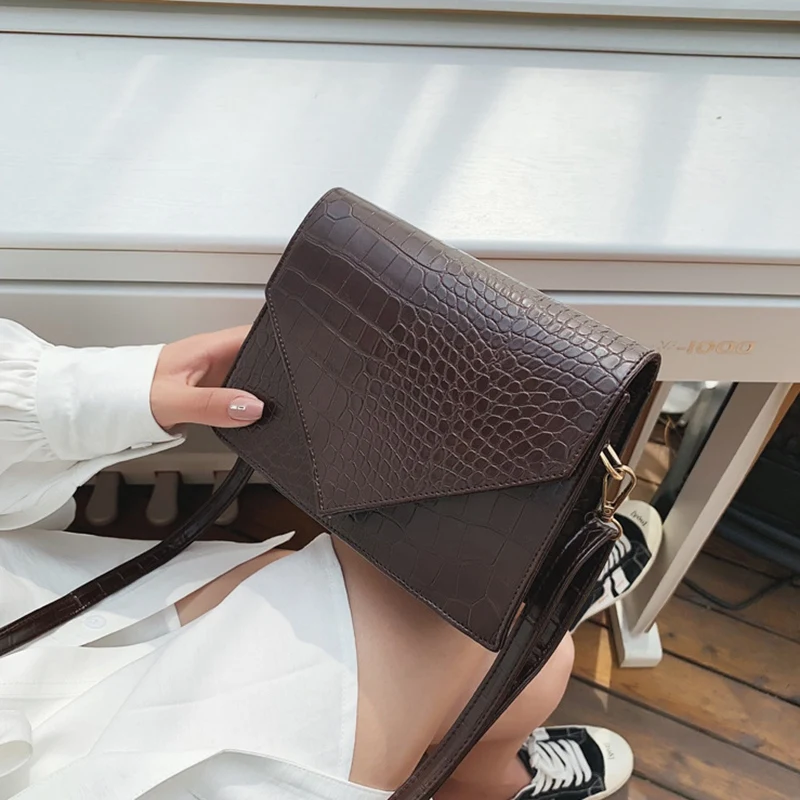 Retro Leather Stone Pattern Shoulder Bag Ladies Fashion Small Crossbody Simple Handbag Dark Brown | Багаж и сумки