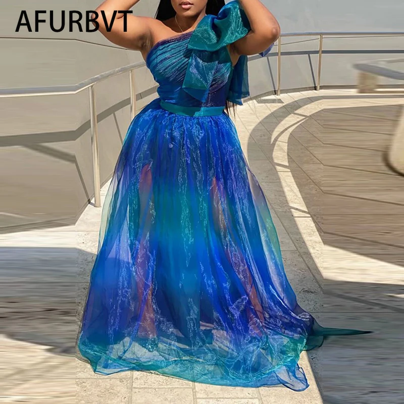 Милое бальное платье из тюля градиентного синего цвета с бантом для дня рождения