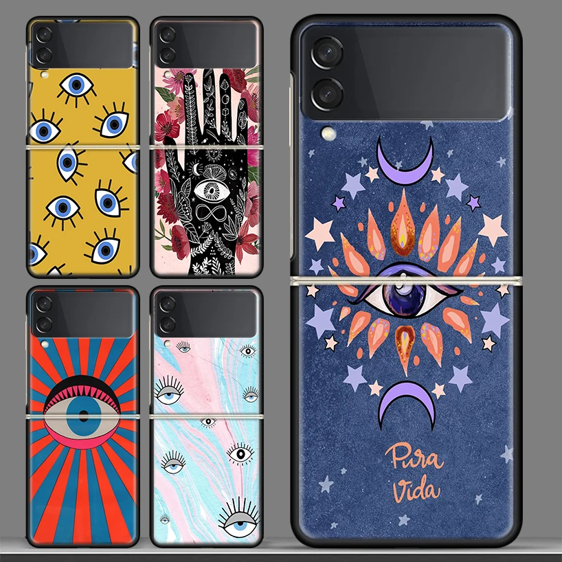 

Evil Eye Gold Foil Black Phone Case For Samsung Galaxy Z Flip 3 PC Cover ZFlip 3 5G Luxury Art Pattern Bumper Coque Shell Fundas