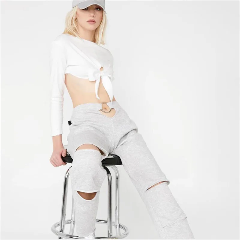 Shstyle/серые прямые свободные повседневные штаны с дырками для женщин 2019 высокой