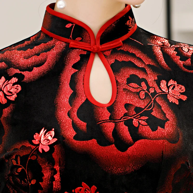 

Golden Velvet Qipao Women'S Middle Sleeve Cheongsam Extra-Large Size Long Elegant Chinese Style Long Sleeve Velvet Autumn Show