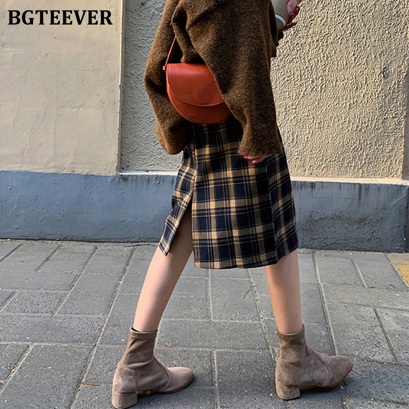 BGTEEVER винтажные клетчатые женские юбки весна лето с высокой талией разрезом сзади